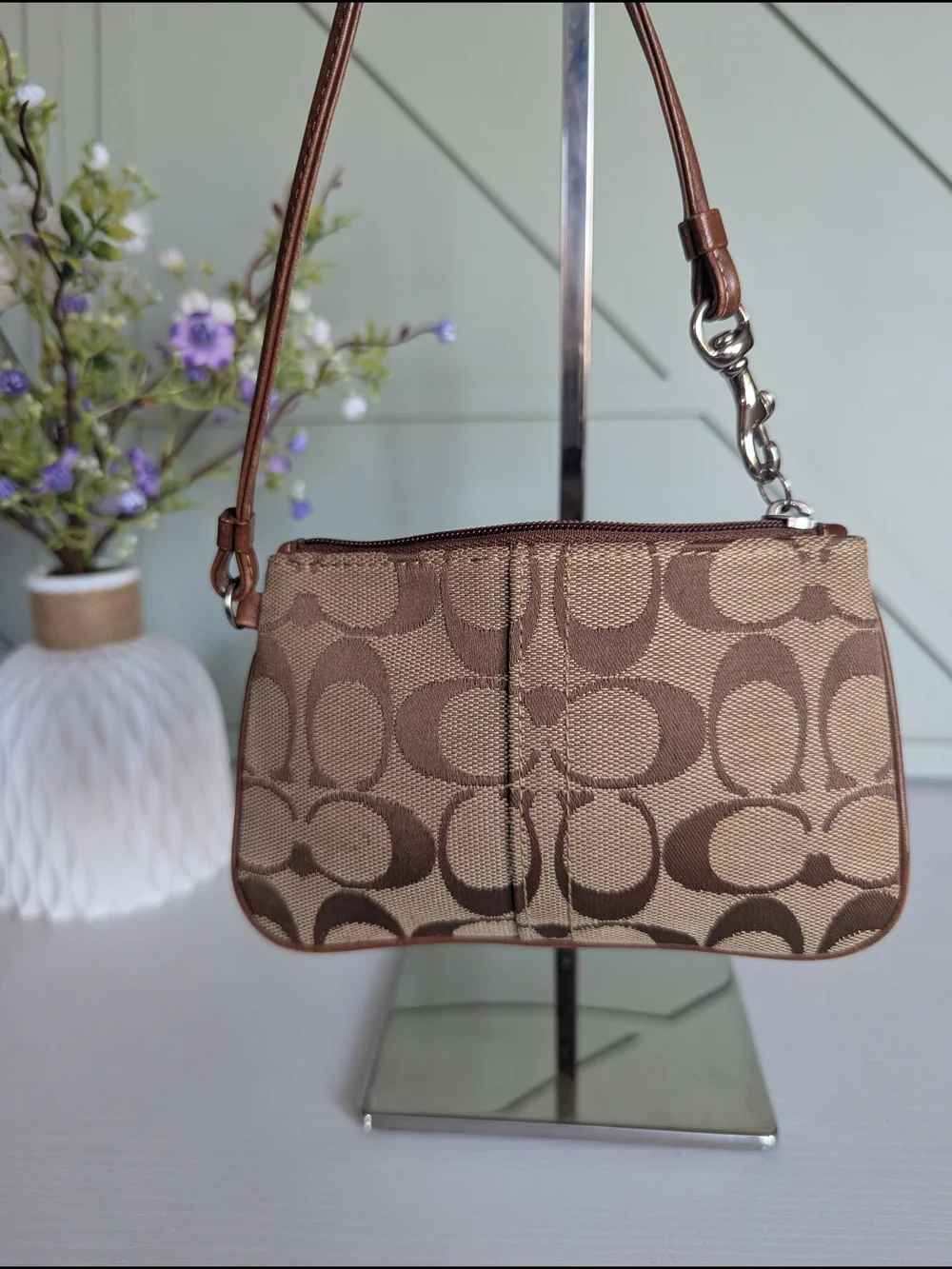 Coach Signature Canvas Wristlet in Brown and Tan